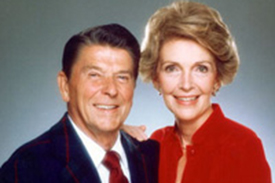 President Reagan and Mrs. Ronald Reagan together smiling. 