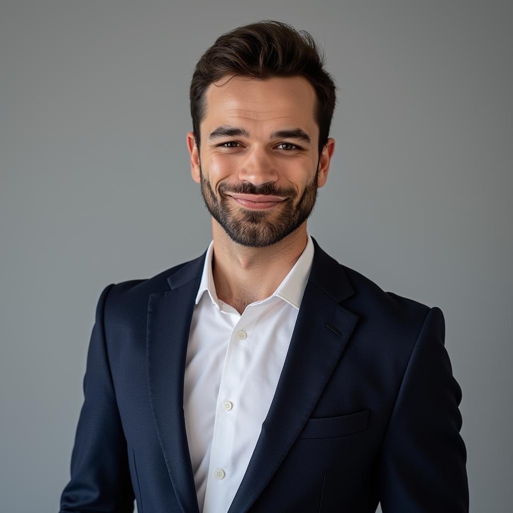 Smiling man in a dark navy suit jacket and white dress shirt stands in front of a plain gray background, looking directly at the camera.