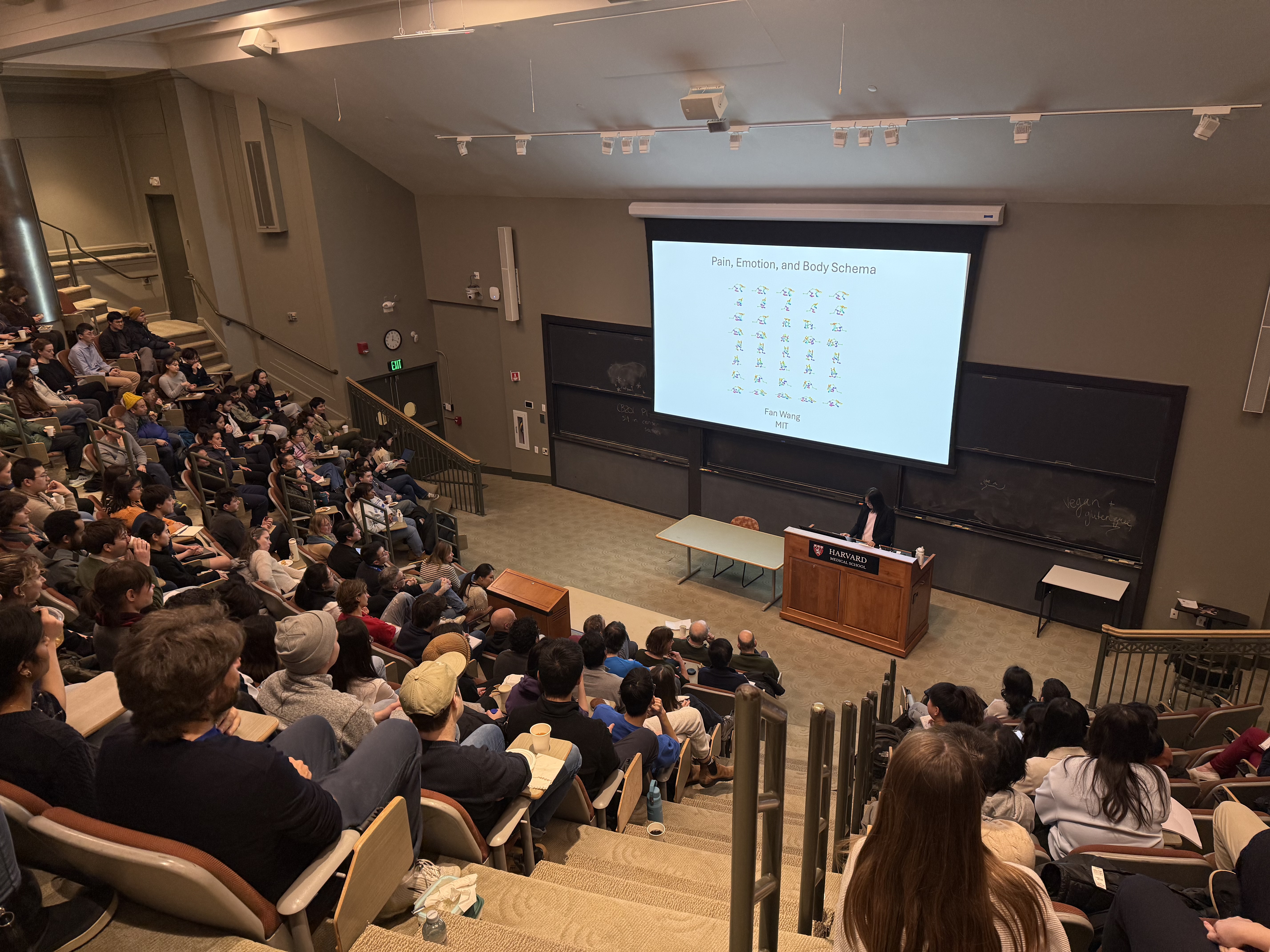 A large university lecture hall filled with students seated in tiered rows, all facing a podium and projection screen at the front of the room. A speaker stands behind a wooden lectern with a laptop, giving a talk. The slide on the screen is titled “Pain, Emotion, and Body Schema” and is filled with small text and symbols. Chalkboards line the front wall on either side of the screen, and stairways with railings run between the seating sections.