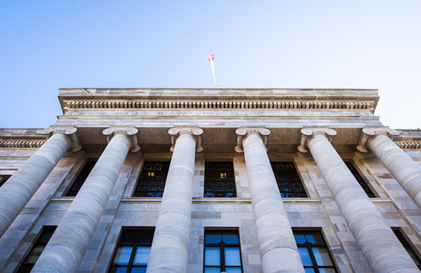 Low-angle view of a grand stone building with tall classical columns and a flag flying from the roof against a clear blue sky.