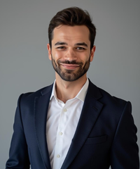 Portrait of a bearded man in a navy suit and white shirt against a gray background.