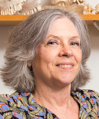 Portrait of a smiling woman with shoulder-length gray hair, wearing a colorful patterned blouse, with shelves and decorative objects in the background.
