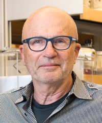 A bald man wearing blue glasses and a black-and-white checkered shirt, photographed indoors.