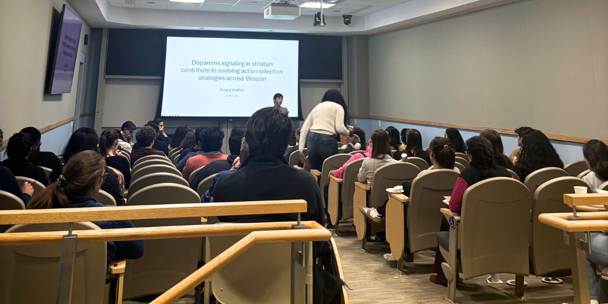 Small amphitheater style room with people in the rows of seats. Talk title on the screen and person at the front of the room talking.