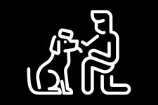 black background and white outline of a dog facing a stick figure, and the figuring on one knee petting the dog