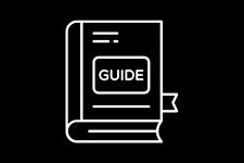 Black background with a white outline of a book with the words "guide" written on the front