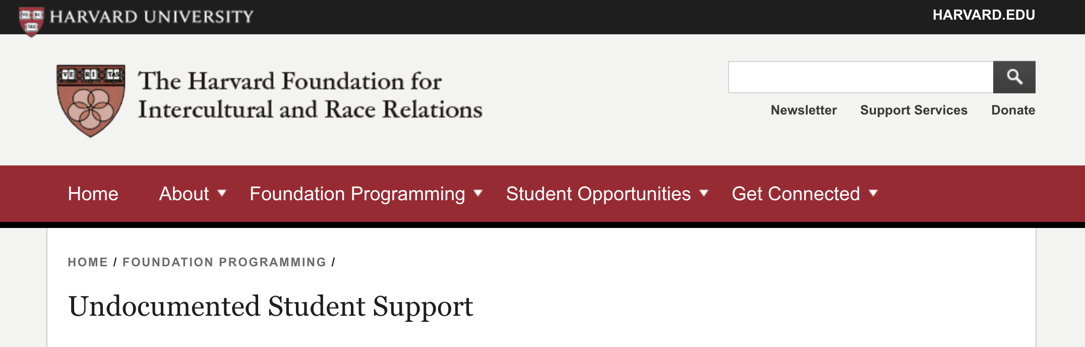 Screenshot of the Harvard University website, specifically the Harvard Foundation for Intercultural and Race Relations page, showing the 'Undocumented Student Support' section in the navigation menu.