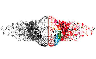 top view image of the brain with colorful swirls of music notes coming out.